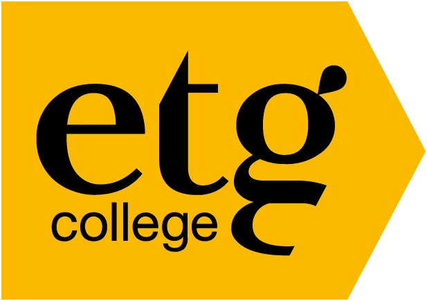 Gul logotyp med texten "etg" och "college" i svart.