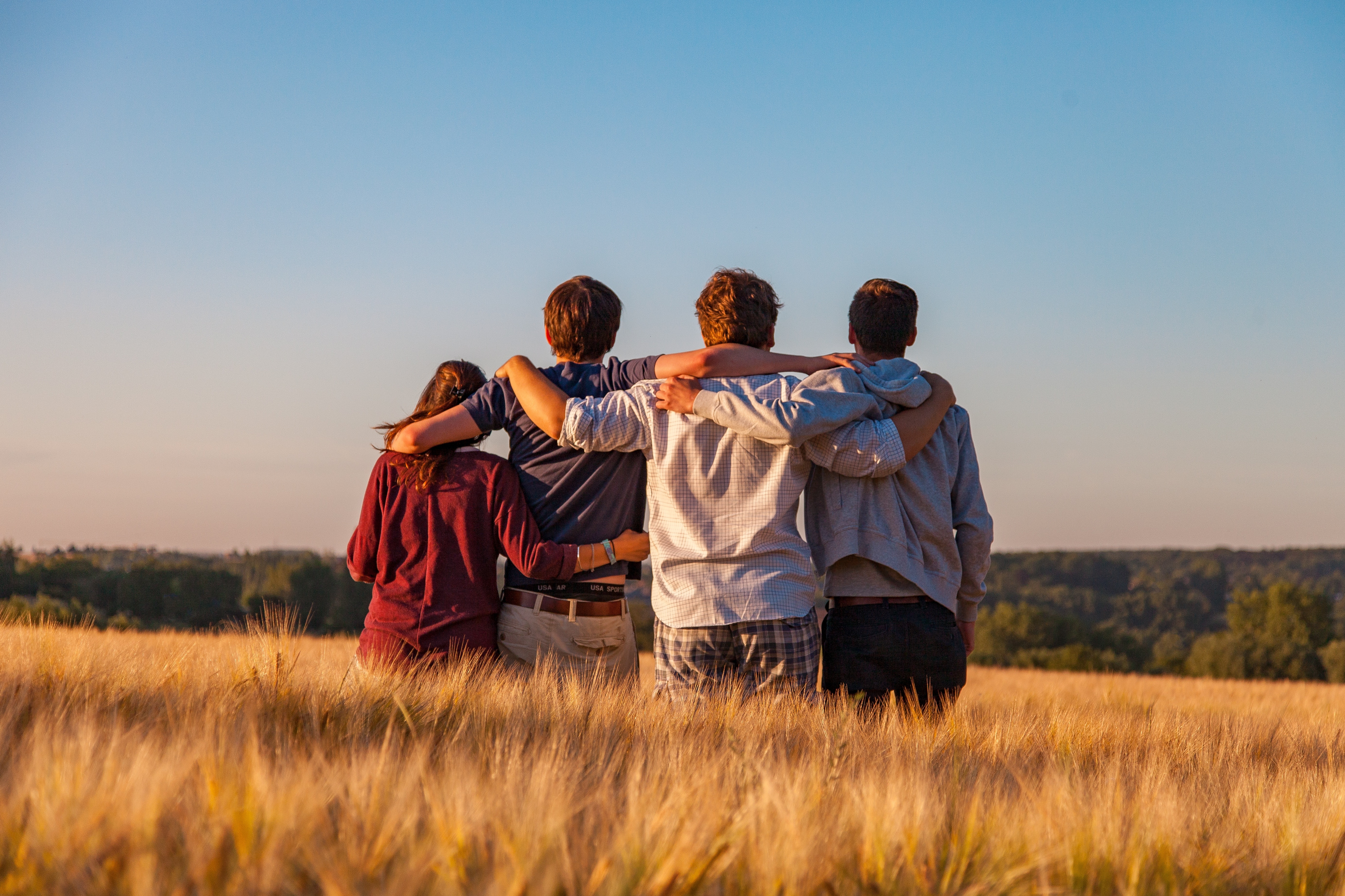 Fyra unga människor sitter på en äng med armarna om varandra.