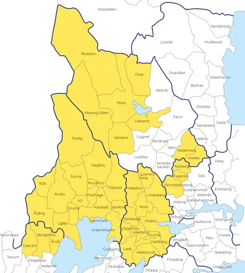 En karta som visar vilka kommuner som ingår i Räddningsregion Bergslagen