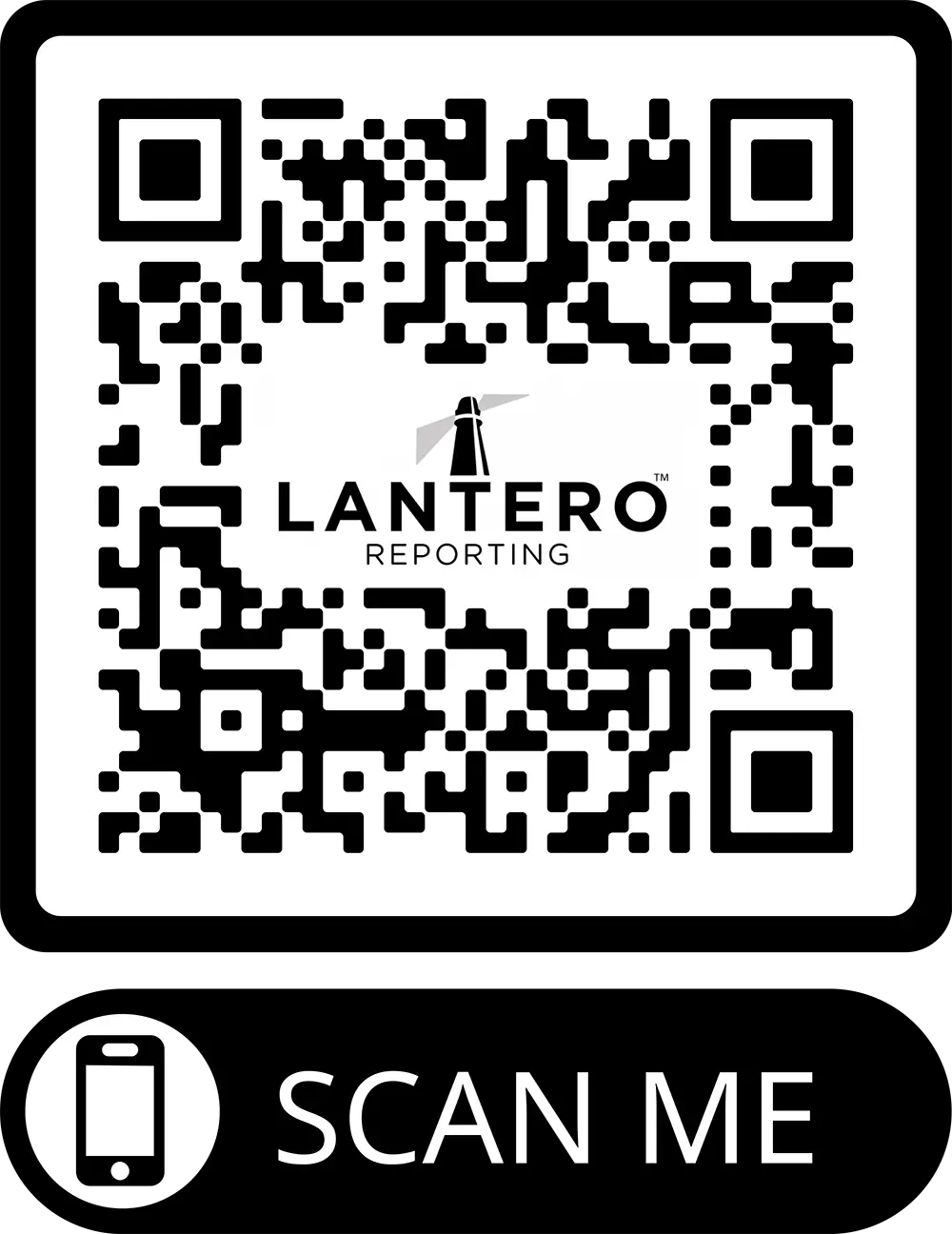 En QR-kod med texten "LANTERO REPORTING" och texten "SCAN ME" under.