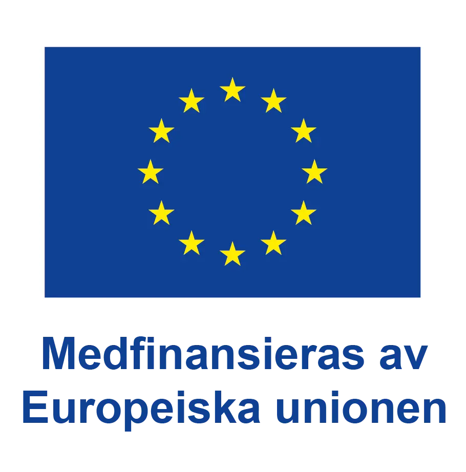 Europiska unionens flagga med tolv stjärnor i en cirkel. Texten lyder: "Medfinansieras av Europeiska unionen".